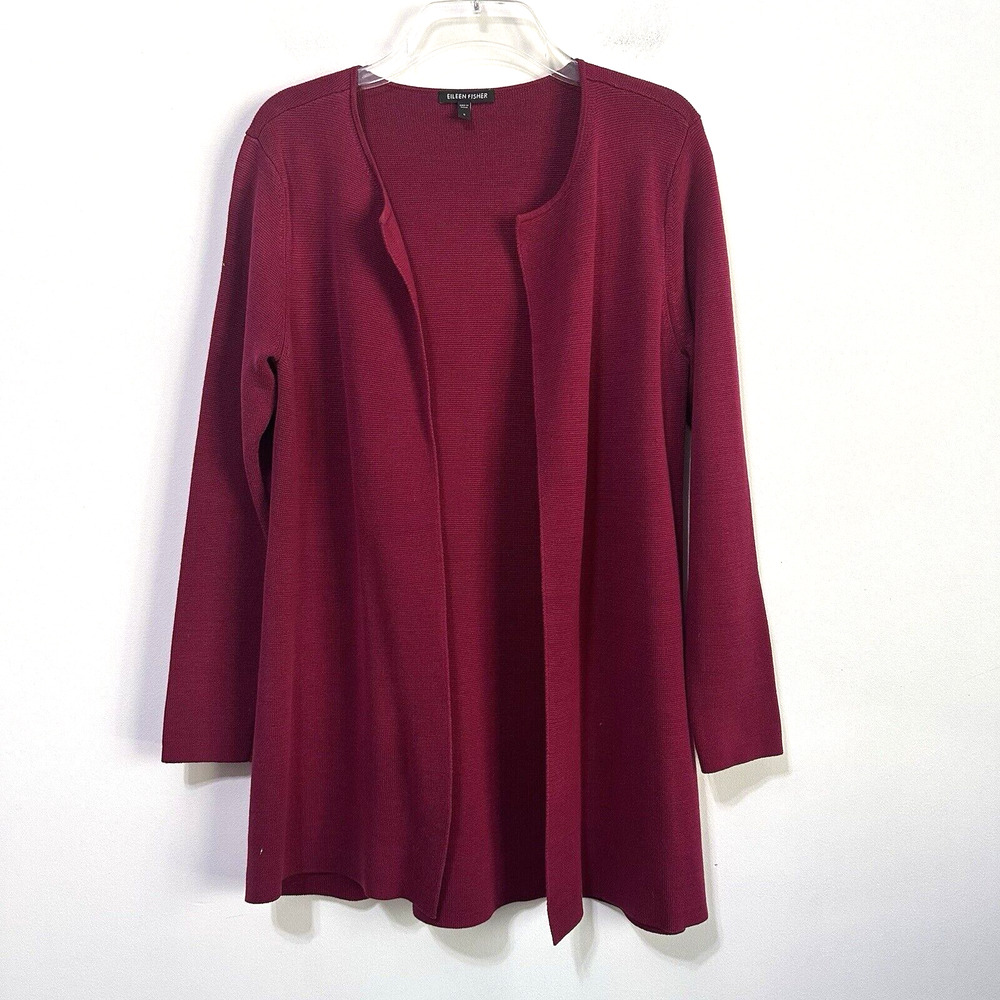 Eileen Fisher Silk Blend Knit Open Front Cardigan Small Berry Maroon Work Travel
